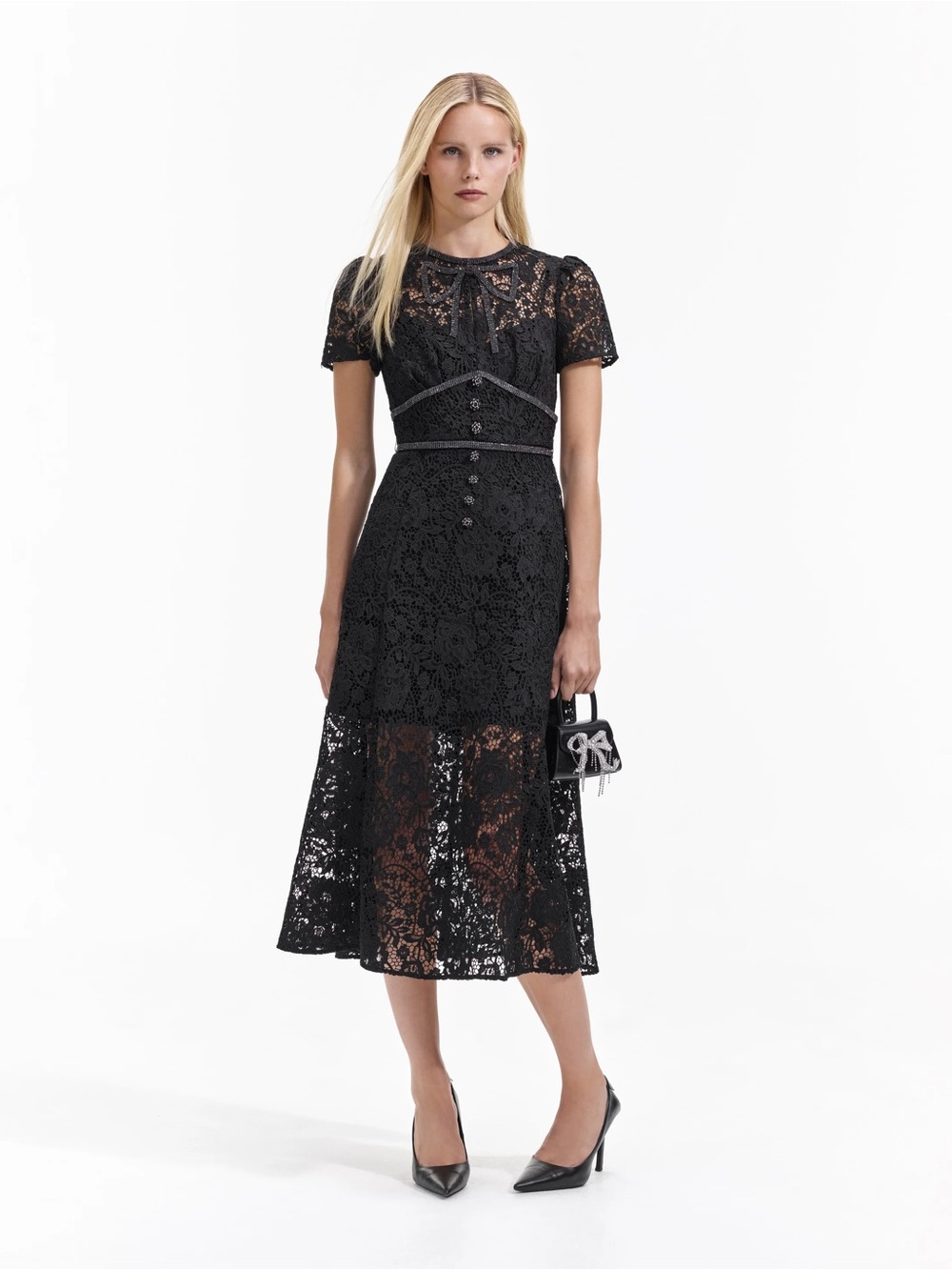 EUC Self-Portrait Cord Lace Bow Midi Dress in Black